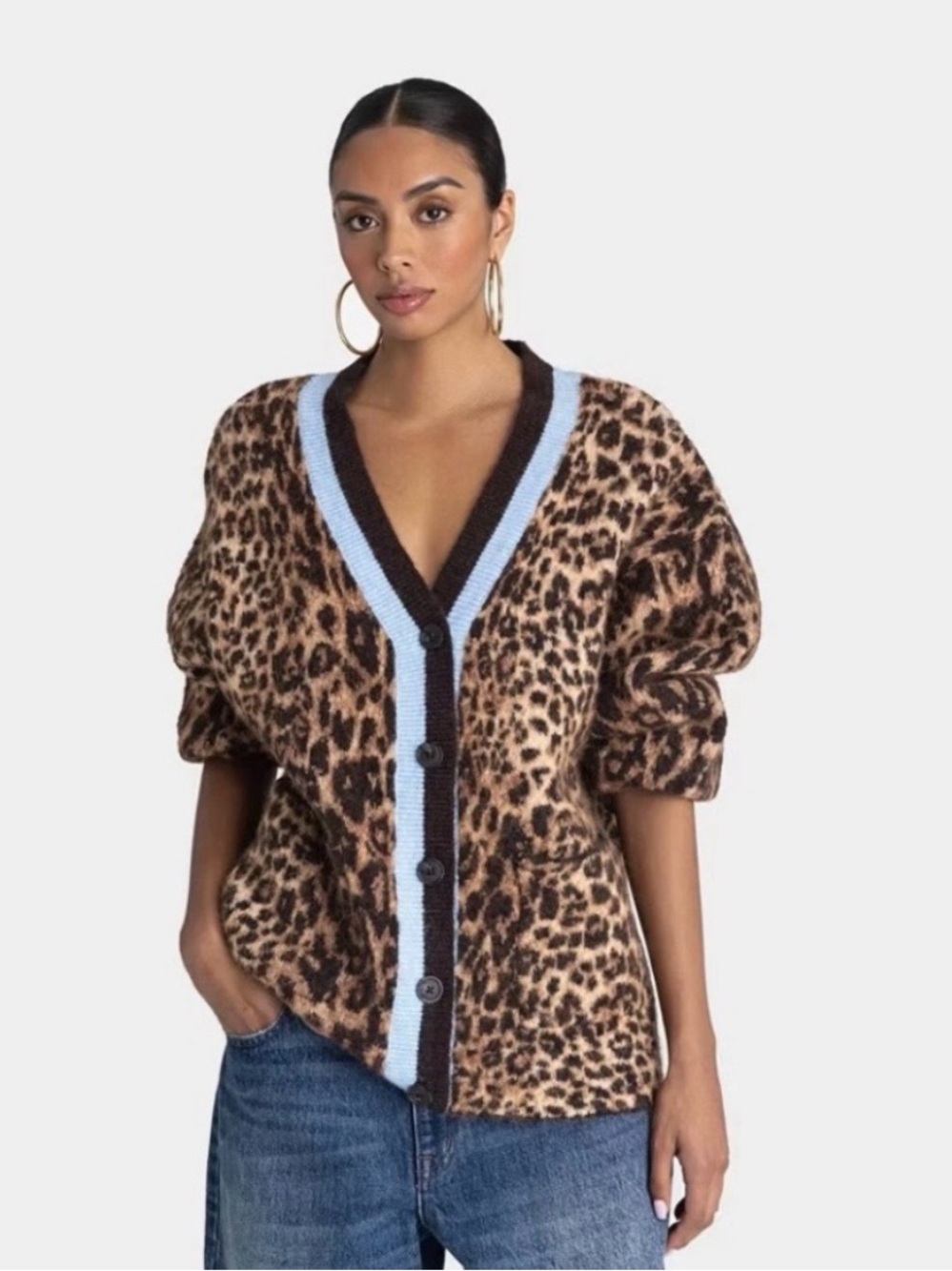 Leopard Print Button-Front Slouchy Cardigan with Blue Trim, Grandma Sweater XL